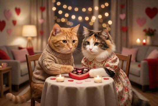 Adorable cats sharing chocolates at cozy Valentine's dinner table under warm string lights