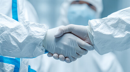 This image features a close up of two medical professionals in full protective clothing shaking hands, symbolizing collaboration and teamwork in healthcare.
