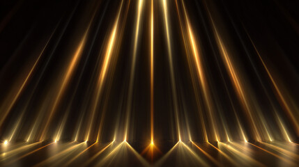 Naklejka premium Golden light beams converging on a reflective floor, dramatic and futuristic