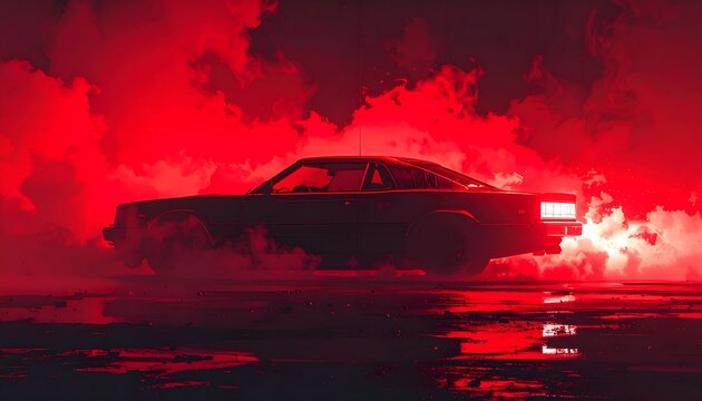 Dark stylized image of a classic automobile driving through ominous red mist