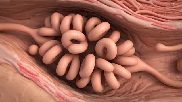 Close-up 3D animation of a human eccrine sweat gland, revealing its intricate coiled duct structure.