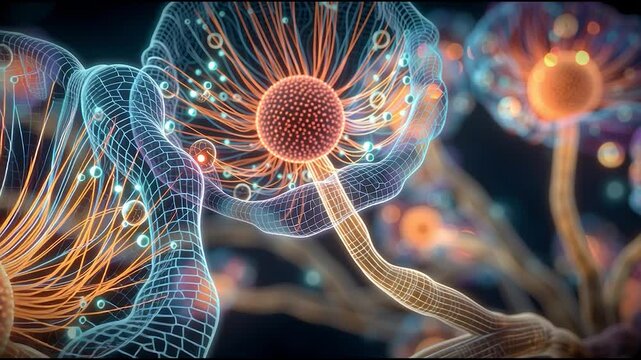Microscopic Close-Up of Fungal Spores and Hyphae with Glowing Filaments