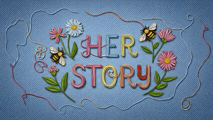 Colorful embroidered text featuring her story surrounded by flowers and bees on blue fabric background