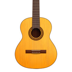 Obraz premium Classic wooden acoustic guitar musical instrument with brown strings isolated on a white background for professional audio and classical music concert equipment