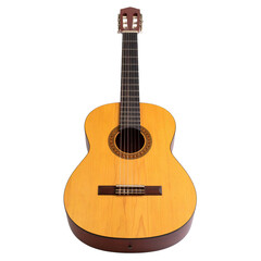Obraz premium Classic wooden acoustic guitar musical instrument with brown strings isolated on a white background for professional audio and classical music concert equipment