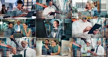 People, collage and graphs with tech for logistics, phone call and trading infographic. Staff, laptop and data with overlay for supply chain, cryptocurrency charts and performance statistics of sales