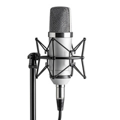 Professional studio condenser microphone equipment isolated on a white background for audio recording, vocal performance, and radio broadcasting