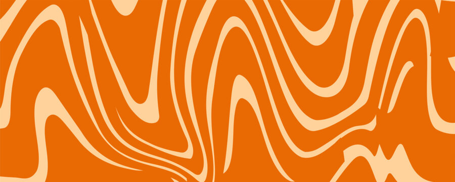 Retro caramel line background. Salted caramel liquid desert texture. Wavy swirl candy pattern for poster, cover, banner, pamphlet. Orange nougat hippie wallpaper in 60s or 70s style. Vector