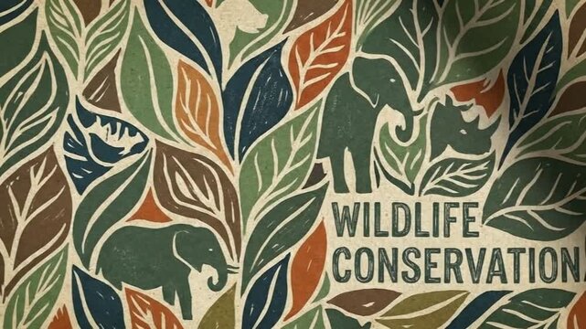 A block print style graphic featuring elephants and a rhino among colorful leaves with the text Wildlife Conservation