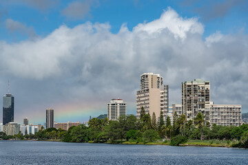 Fototapeta premium Rainbow over Ala Wai Canal. Waikiki, Honolulu, Oahu, Hawaii. 
