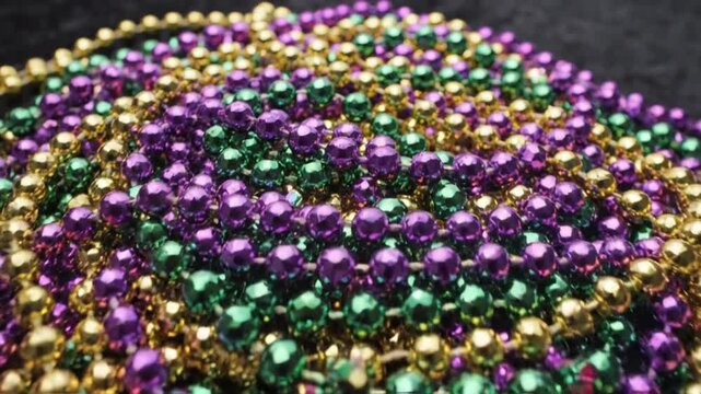 A closeup angled view of a large pile of shiny metallic beaded necklaces in vibrant shades of purple green and gold layered on a dark surface