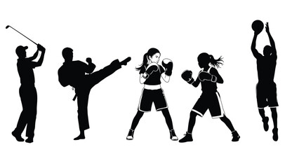 Black silhouettes of diverse athletes practicing golf, karate, boxing and basketball isolated on white background, sports training, active competition set.