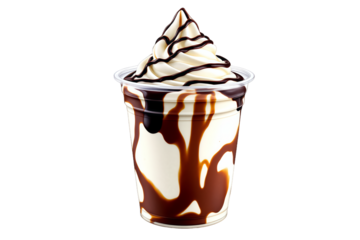 Delicious Chocolate Fudge Sundae with Swirled Soft Serve Ice Cream. Perfect Dessert for Restaurant Menus, Summer Refreshment, and Sweet Indulgence, Isolated on White Background, PNG