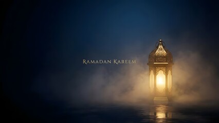 Fototapeta premium Ramadan Kareem Greeting with Ornate Golden Lantern Glowing in Mystic Smoke and Dark Blue Background