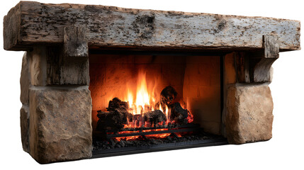 Rustic stone fireplace with a heavy distressed wooden mantelpiece featuring vibrant glowing logs burning warmly inside the hearth opening