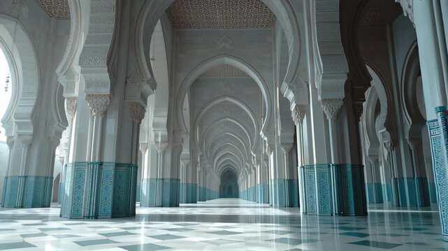Elegant Interior of a Mosque Hall with Intricate Architectural Details and Symmetrical Arches for Religious Celebrations and Eid Festivals