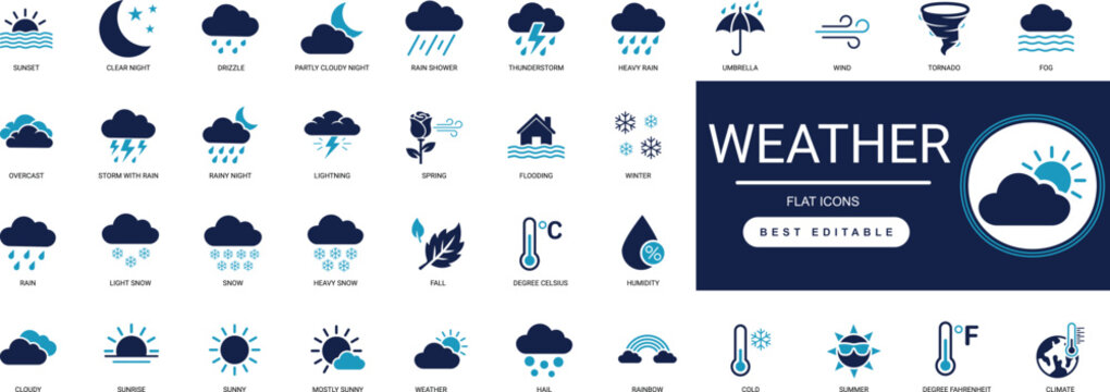 Weather Solid Icons for Forecast and Meteorology featuring Sun Rain Cloud Snow Storm Temperature Wind Moon Climate Professional Vector Set Editable