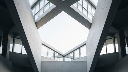 A modern, multi-level interior space with a striking geometric design and abundant natural light