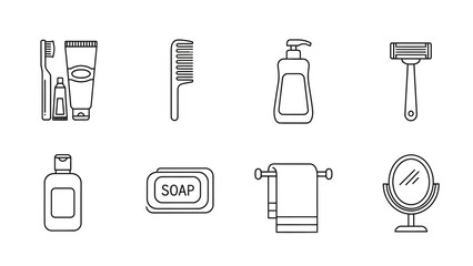 Set of eight black and white line icons representing essential hygiene and grooming products commonly found within a clean modern bathroom setting