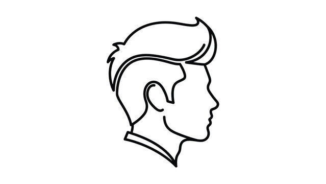 Simple black line art icon depicting the profile of a modern young man showcasing a stylish quiff hairstyle and side view portraiture