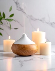 Diffuser amidst candles and a marble background, with foliage adding a fresh touch