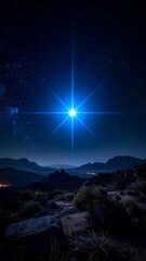 Bright, radiant star shines over a dark, rugged mountain range at night