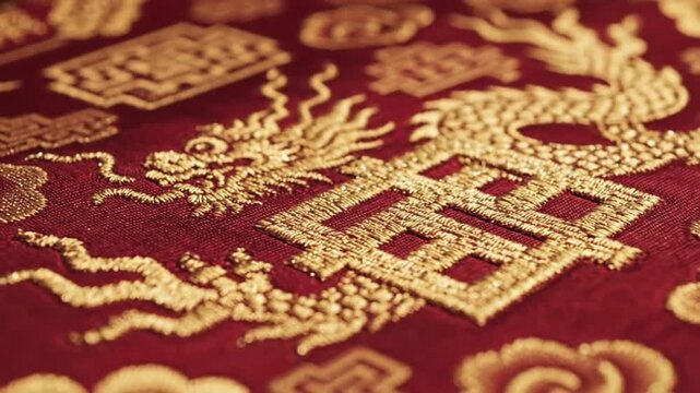 A closeup of gold thread embroidery on red fabric featuring a serpentine mythical creature and ornate geometric patterns