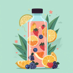 bottle of juice and fruits