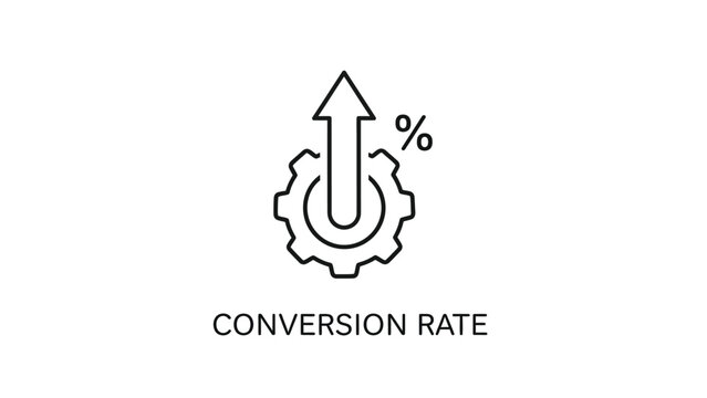 Line icon illustration depicting a gear mechanism with an upward curving arrow and a percentage symbol signifying conversion rate optimization and business growth strategy.