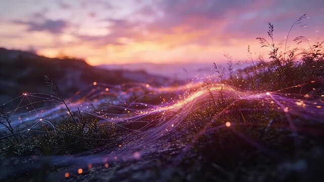 Grass field with soft light spots and purple sky