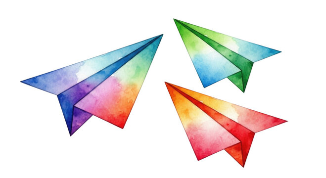 Colorful watercolor paper planes isolated transparent bg, cutout png