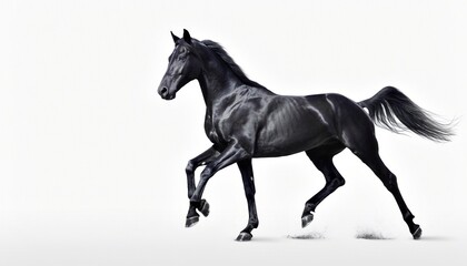 Majestic Black Horse Galloping with Power on White Background