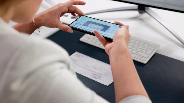 Mobile Check Deposit: Woman Scanning Paycheck