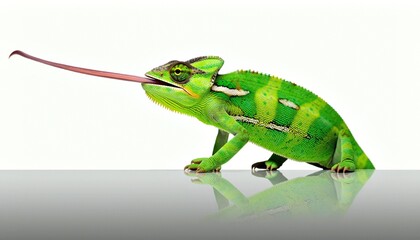 Dynamic Green Chameleon with Extended Tongue on White © coor