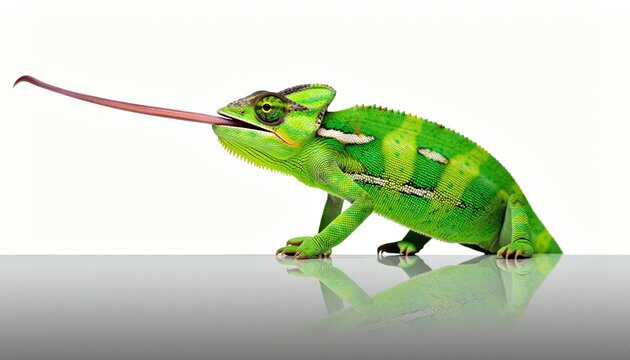 Dynamic Green Chameleon with Extended Tongue on White