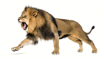 Powerful Male Lion Roaring and Stalking on White Background © coor