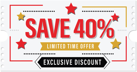 Discount Coupon with Save 40% Offer flat design vector illustration