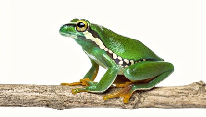 Obraz premium Vibrant Green Tree Frog Perched on Branch with Yellow Eyes