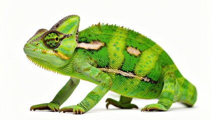 Vibrant Green Veiled Chameleon on Clean White Background © coor