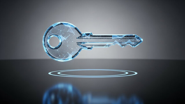 A glowing blue key hovers above a reflective surface with a circular light effect
