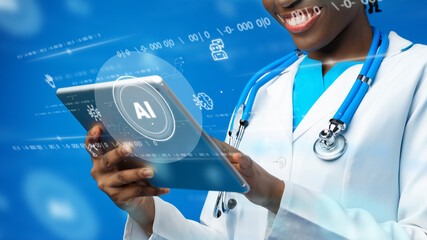 Doctor using tablet for healthcare tasks with digital data displayed on screen