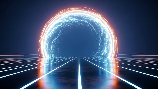 Futuristic neon lit tunnel with glowing blue and orange lines and lightning
