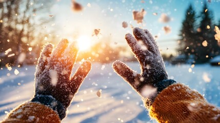 Hände im Schnee im warmen Licht eines Wintersonnenuntergangs
