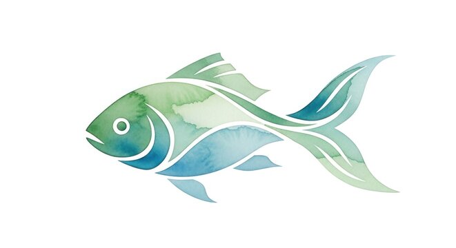 Watercolor Illustration of Green Blue Fish.