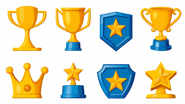 A set of colorful vector icons representing awards and achievements, including trophies, stars, and shields.