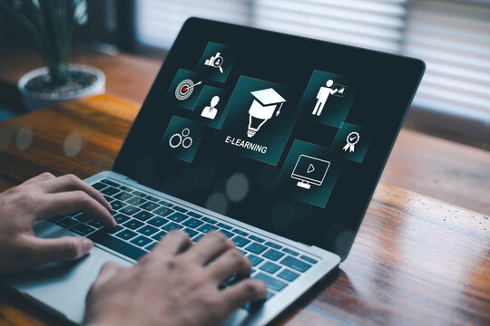 E-learning concept with laptop screen showing online education icons, digital training, business learning, skill development and knowledge growth, modern workspace and technology background.