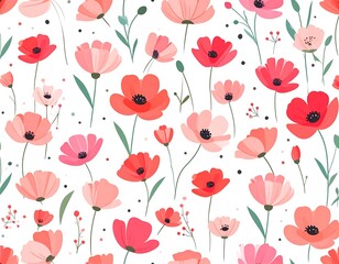 Delightful floral pattern featuring stylized poppies in various shades of red and pink