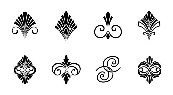A collection of elegant black and white art deco ornaments and flourishes, perfect for vintage design projects and decorative accents.