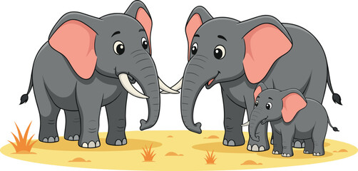 Cute Elephant Family Vector Illustration with Mother Father and Baby Calf in African Savannah for Nursery Wall Art Kids Rooms and Safari Theme Decor © Rumi