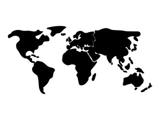 World map black vector in minimalist style. Simple black outline illustration of the world map black. Low detailed. Solid simple style. World map silhouette linear and black illustration. 